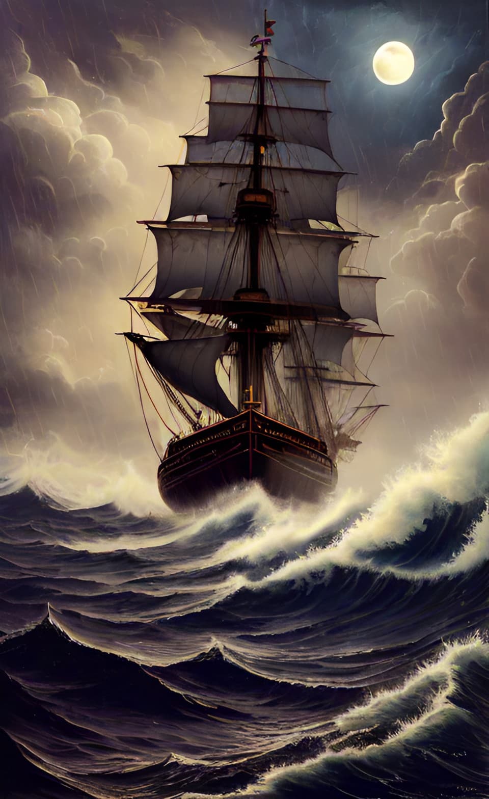 AI generated: Pirate ship in a stormy ocean, huge waves, rainy weather, full moon in foggy night sky, octopus tent...