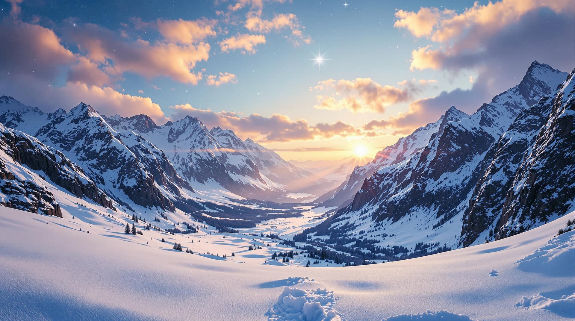 AI generated: snowy valley, with steep mountains around, detailed 4k, view from above, with snowing clouds, sunset...