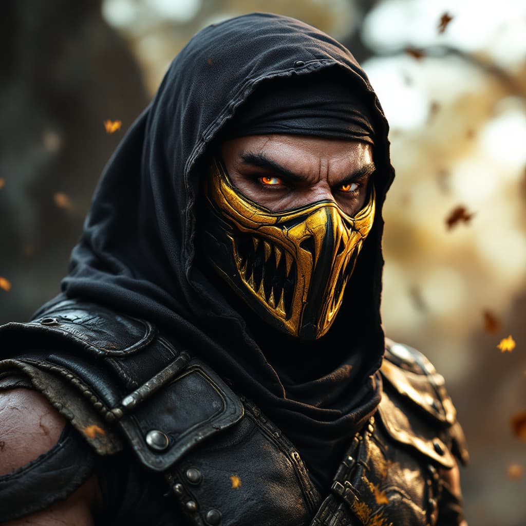 AI generated: Mortal Kombat scorpion Karakterini Buz Mavisi renkte elbise giysin. maskesi altın sarısı yap. Kral t...