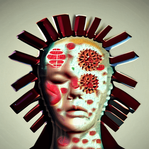 AI generated: the anatomy of a woman's head made of metalic rusted red domino pieces and smashed sea shells, octop...
