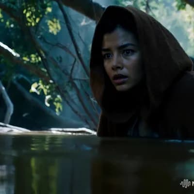 AI generated video: 
"A woman, dressed in a  earth-toned cloak, cautiously emerges from the water and makes her way thr...