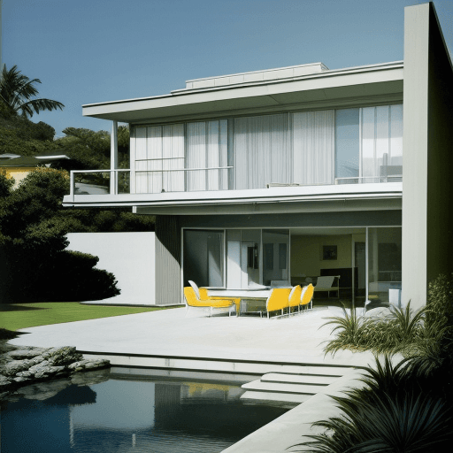 AI generated: Hyper realistic eye level exterior photo of a mid century modern style house overlooking the ocean, ...