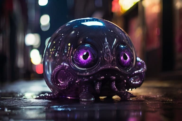 AI generated: In the dimly lit alley, a shimmering lunar glam-goth amoeba blob creature oozes with dark elegance. ...