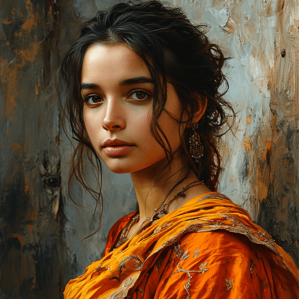AI generated: portrait of a beautiful woman from Mumbai wearing a sari, in the style of Rembrandt, Dutch Masters, ...