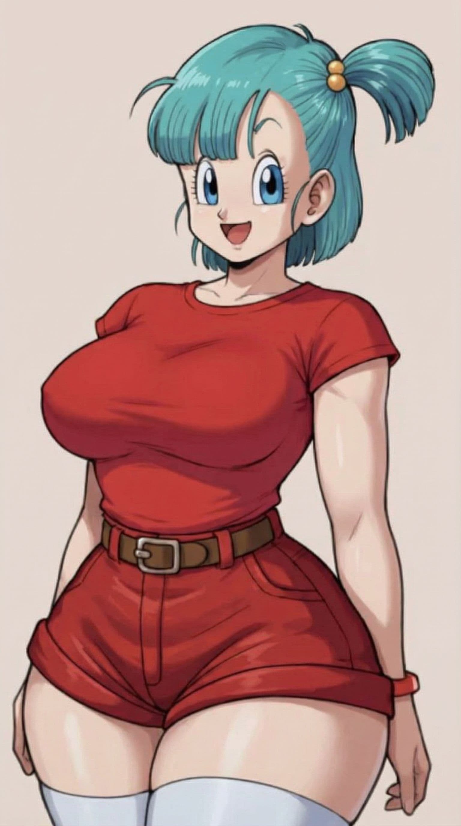 AI generated: Replace her shirt with a very short sleeve red shirt, tucked i, change color of shorts to red