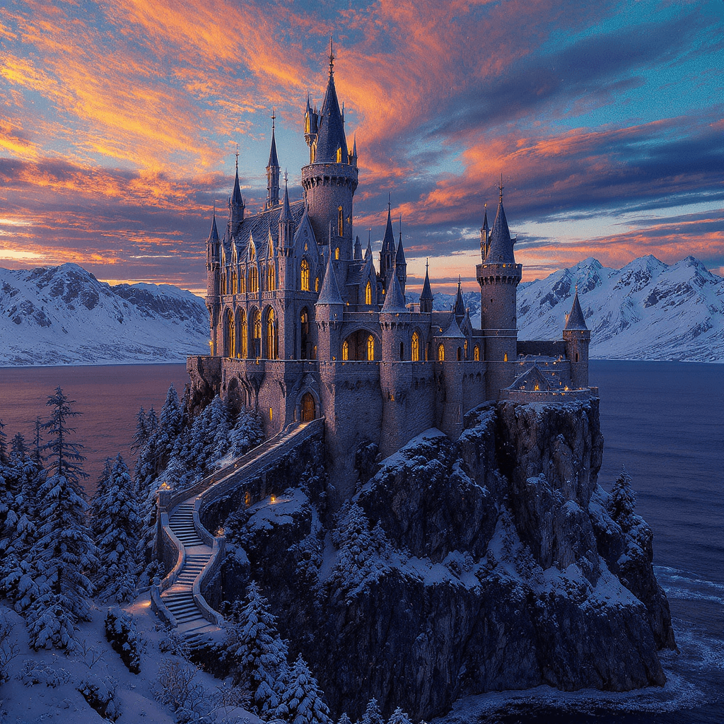 AI generated: A majestic, intricate Gothic castle inspired by Game of Thrones, perched dramatically on a steep, ja...