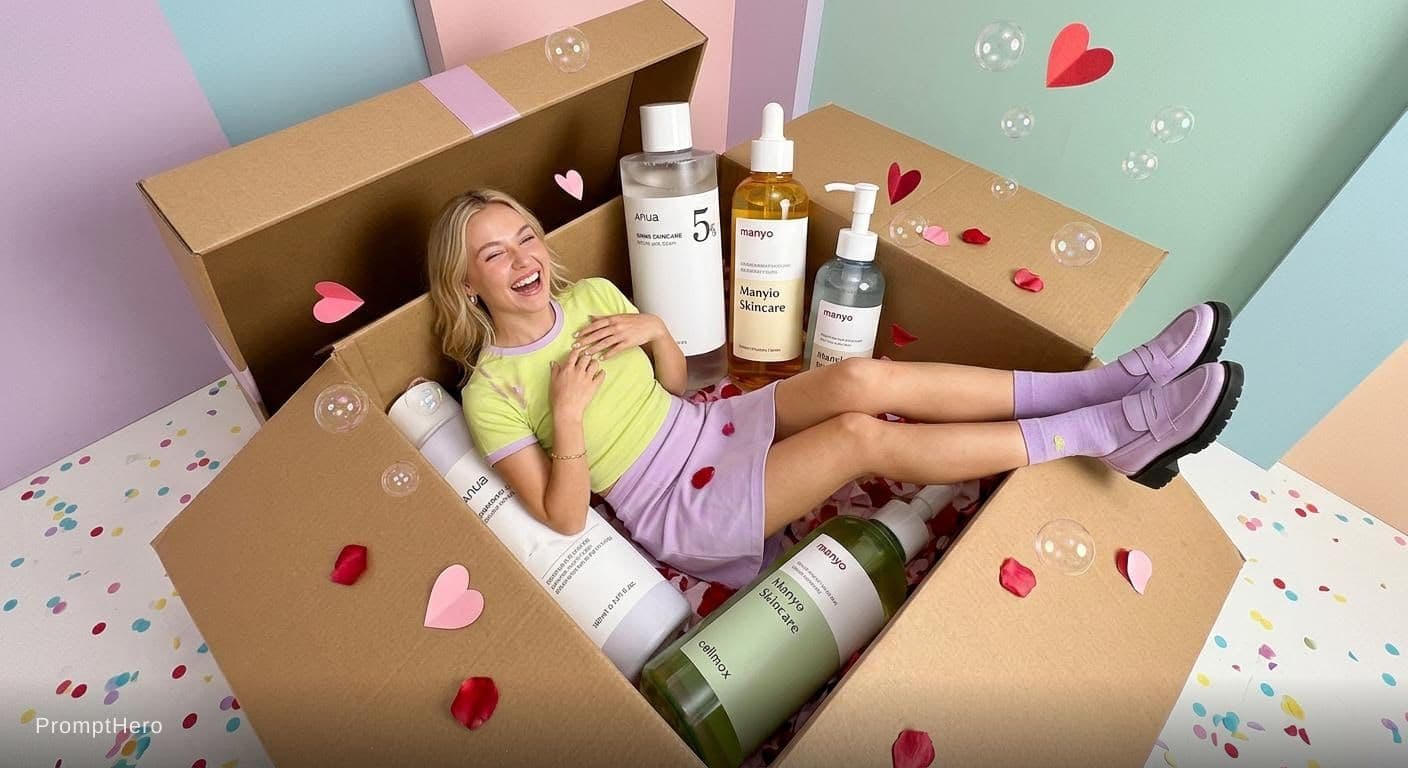 AI generated: A joyful blonde woman lying inside a cardboard gift box with an open flipped lid. Camera angle from ...
