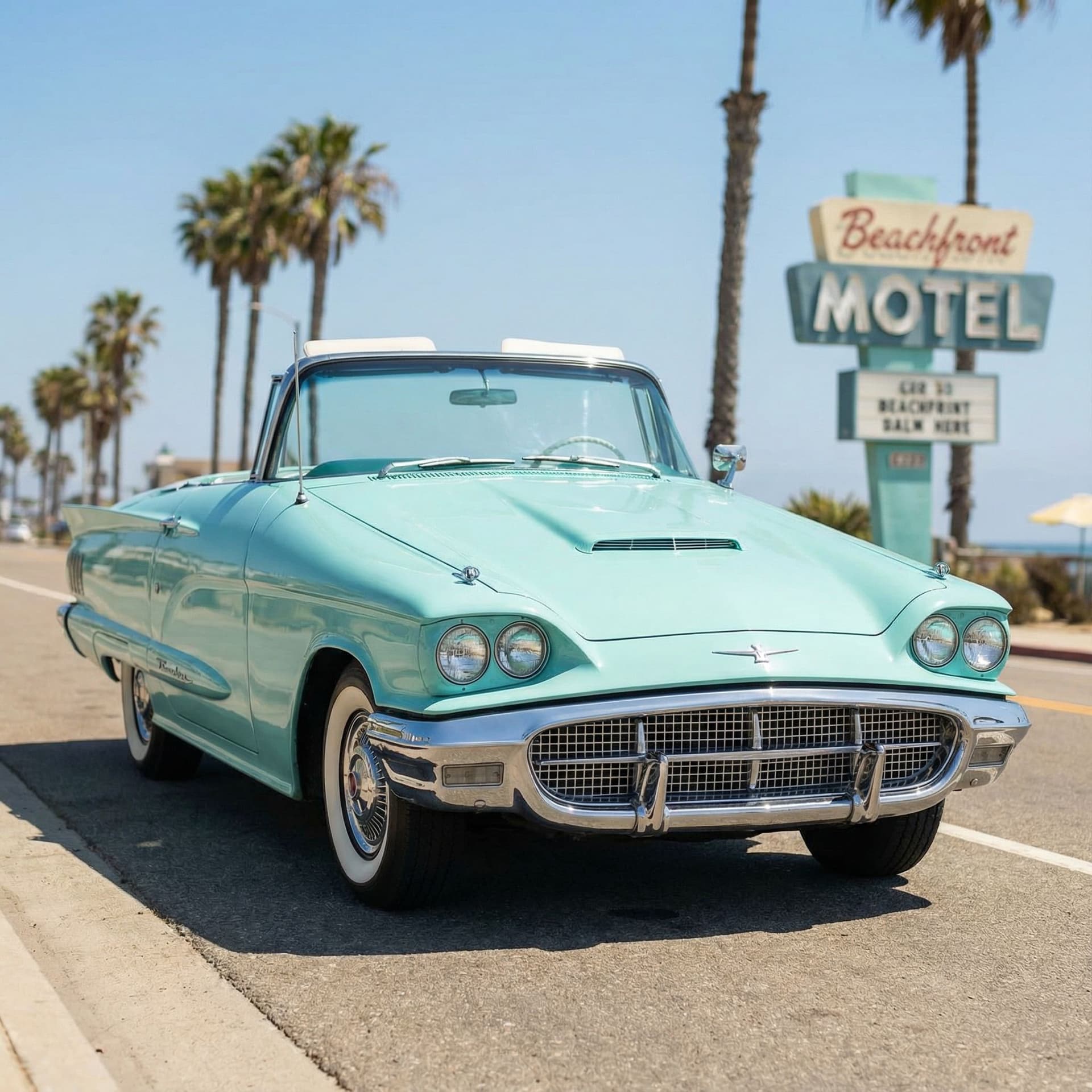 AI generated: 1960 thunderbird convertible in turquoise front angle
