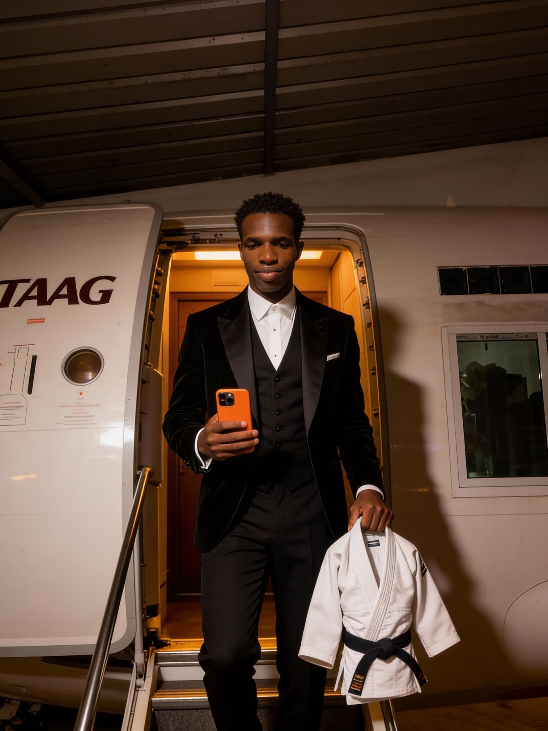 AI generated: 
"Create an ultra-realistic image of a stylish man exiting a TAAG plane wearing a black gala suit (t...