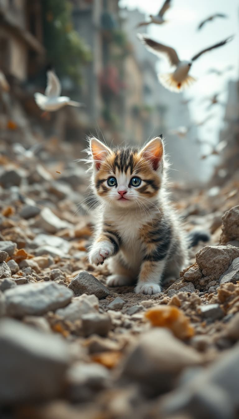 AI generated: "A kitten is caught in the middle of an earthquake, dodging falling debris and cracks forming in the...