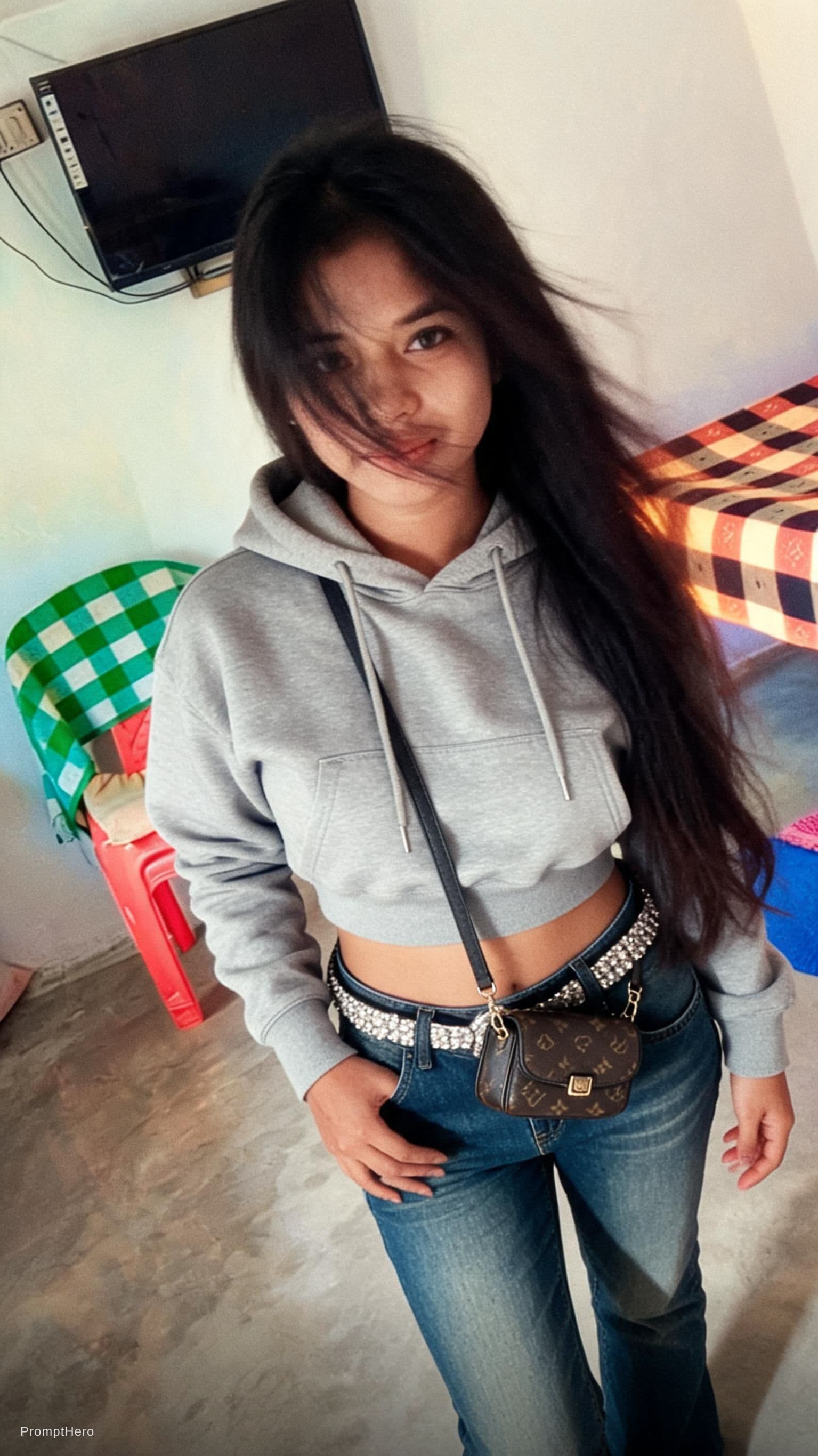 AI generated: a lo-fi 2015s-era, diagonally taken, low-quality iPhone photo of a 20-year-old baddie. The shot is i...