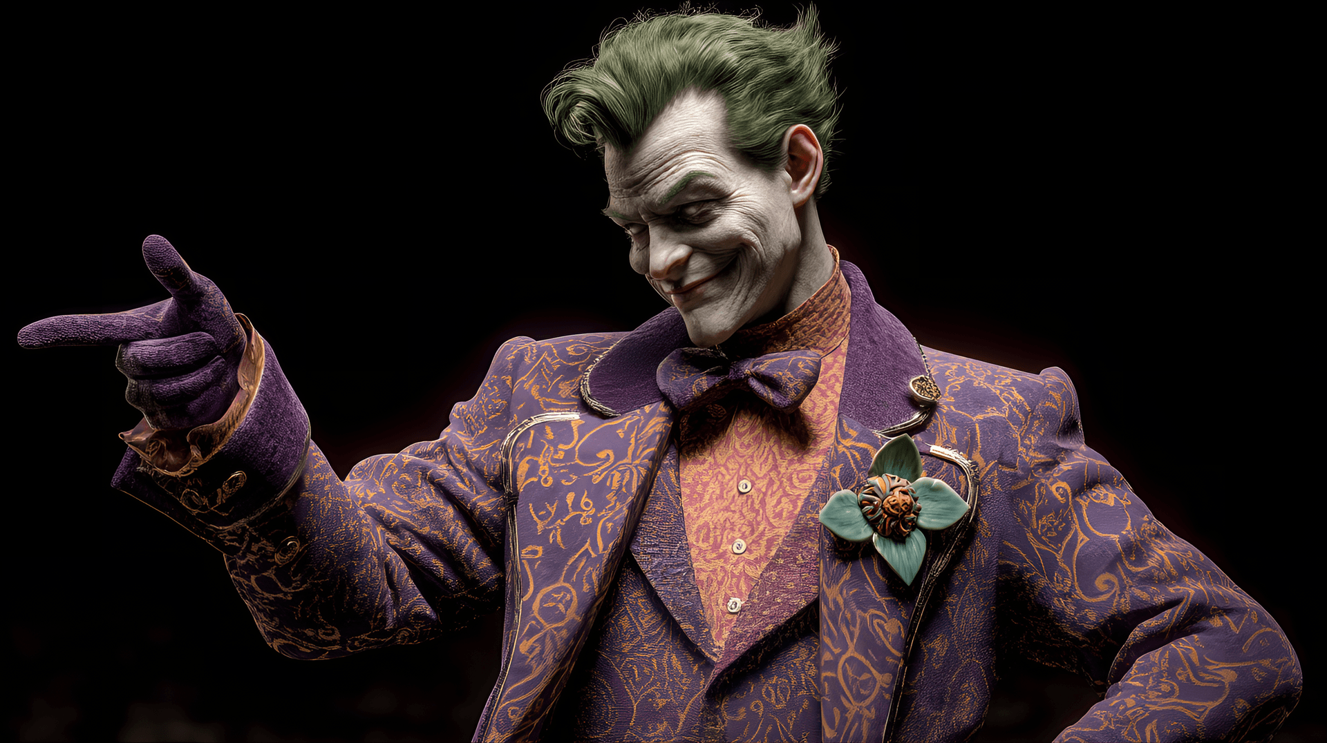 AI generated: Caucasian male, approximately 25 years old, portrays the Joker,  wearing a vibrant purple, ornate,  ...
