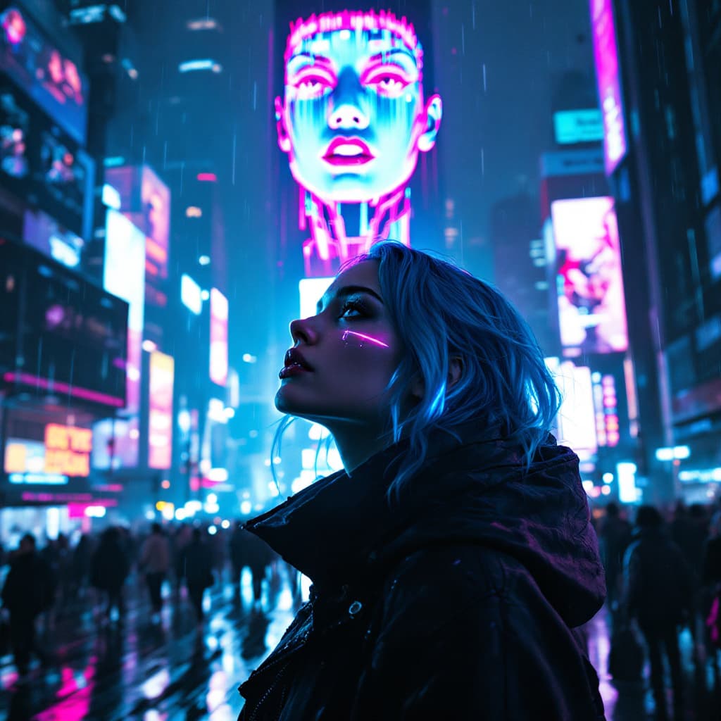 AI generated: The city hums with electric life. Neon reflections dance on rain-slicked streets as a young woman st...