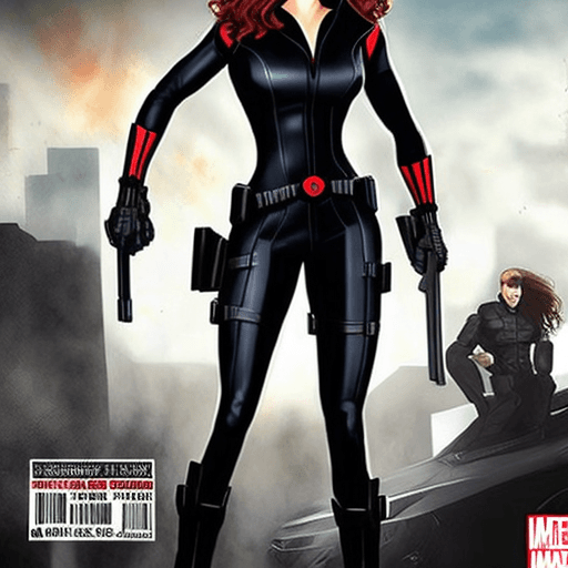 AI generated: η black widow της marvel ,λευκο χρωματιστο ιδρωτα και γονατισμενη ,  δειχνει μπερδεμενη , σε ενα πεδ...