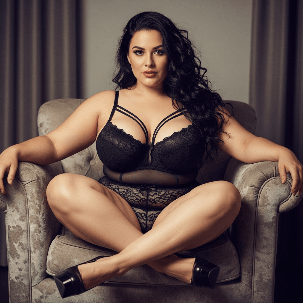 AI generated: Macromastia  busty Mexican woman, wearing lingerie and high heels, legs crossed 