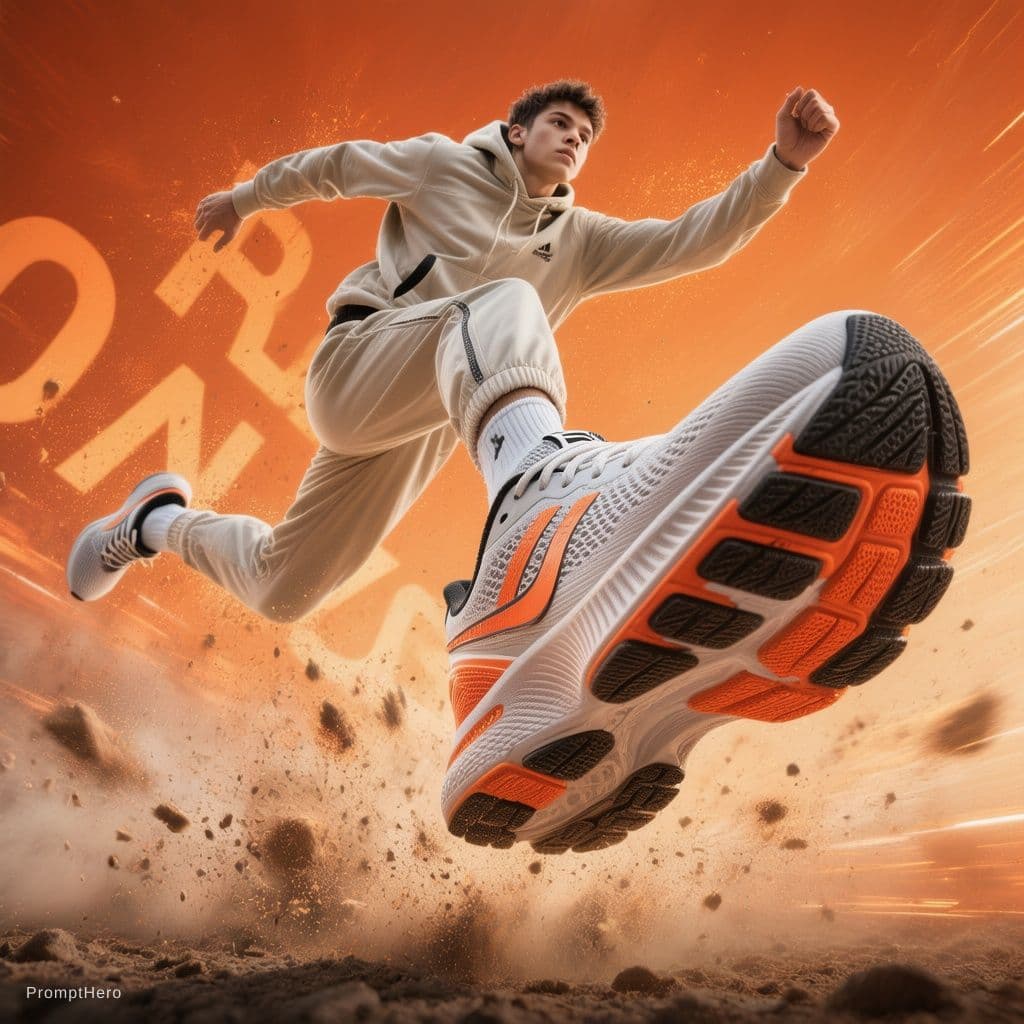 AI generated: A dynamic sportswear advertisement featuring a young athletic male model captured mid-air in an expl...