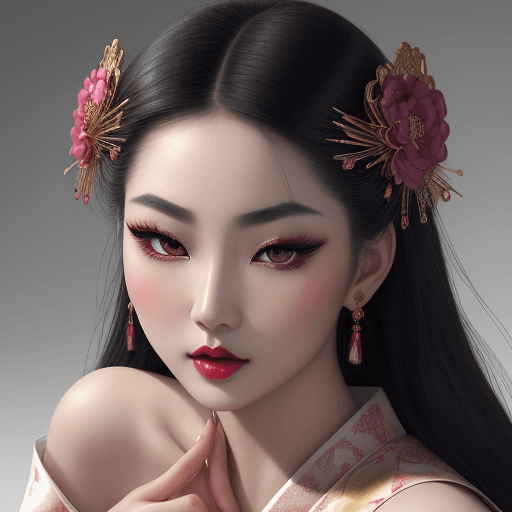 AI generated: Beautiful Asian woman, porcelain skin, flawless and radiant, ethereal beauty, monolid eyes dark and ...