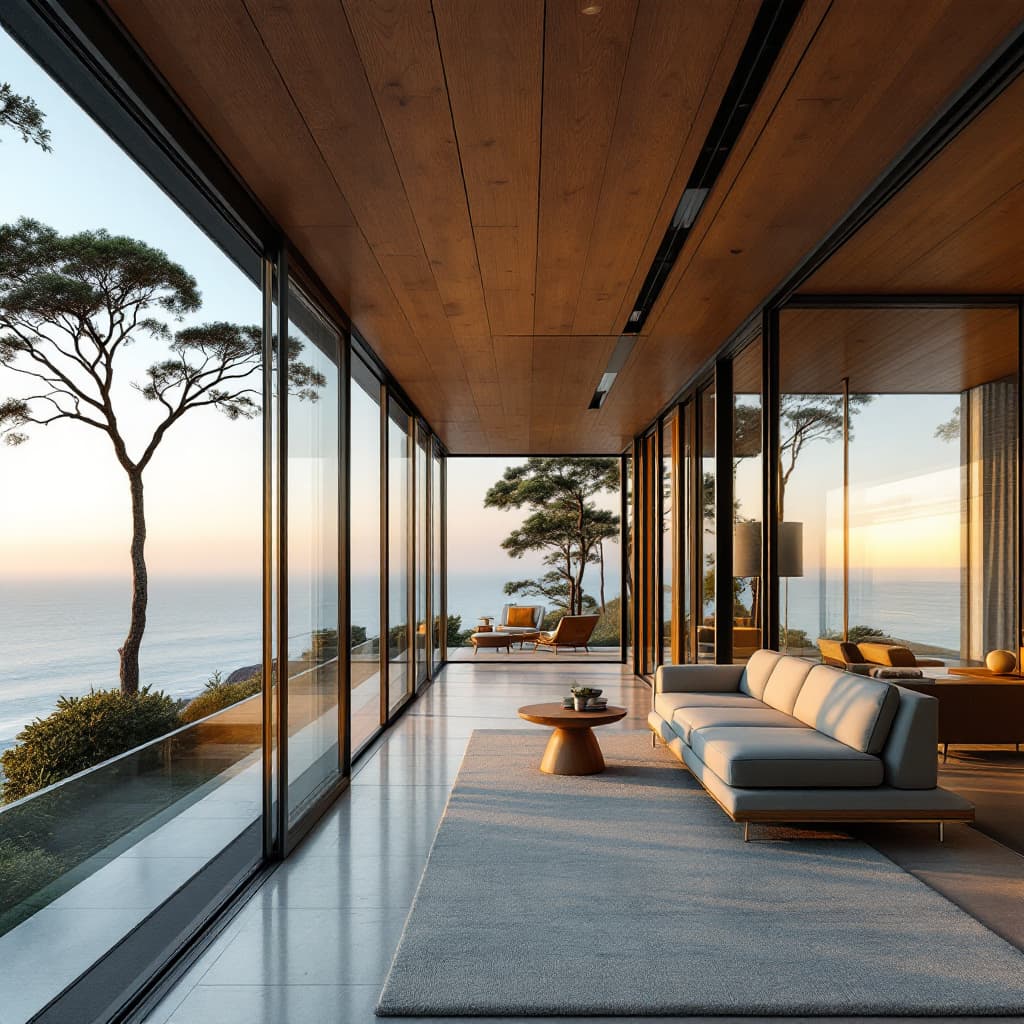 AI generated: Hyper realistic eye level exterior photo of a mid century modern style house overlooking the ocean, ...