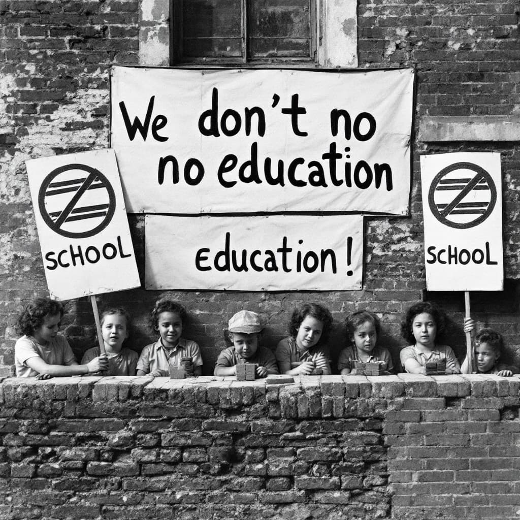 AI generated: a group of boarding school kids from the 1940's are protesting with signs that have a circle with a ...