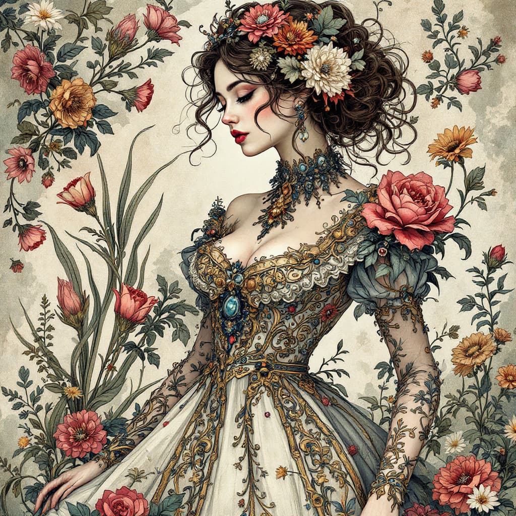 AI generated: The artwork is also infused with elements of various art movements, such as Rococo, Baroque, and Art...