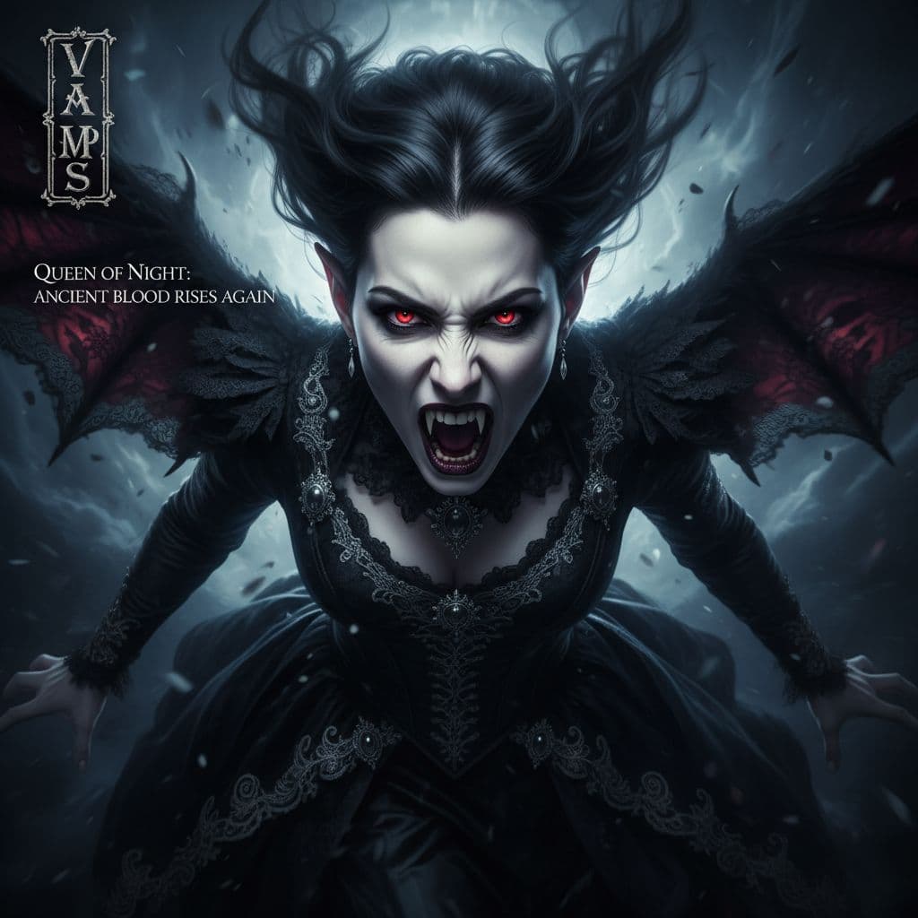 AI generated:  VAMPS horror magazine cover: A dynamic, bird's-eye view close-up of a beautiful bewitching vampire ...