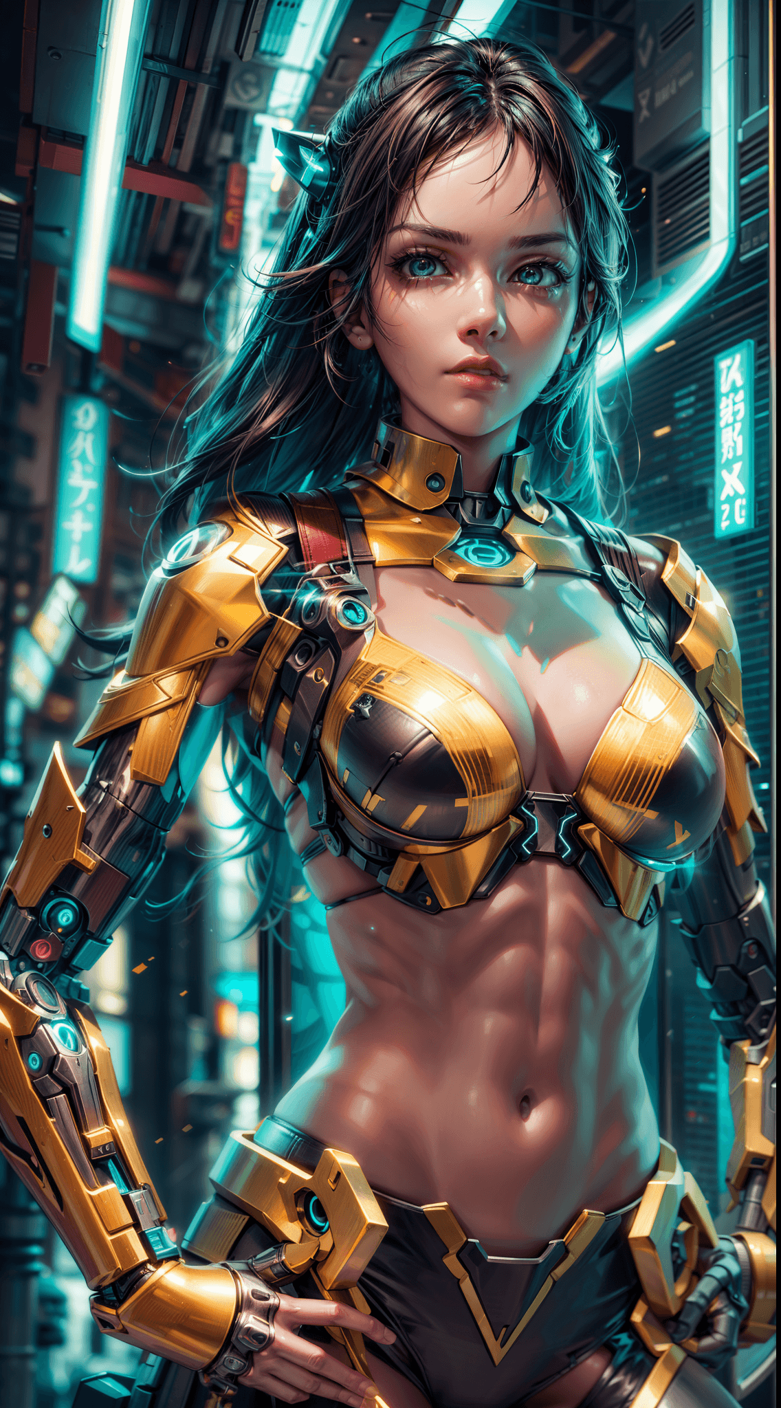 AI generated: Beautiful cybernetic girl looking at camera in bikini Detailed muscles realistic masterpiece, Pose a...