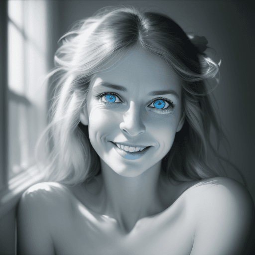 AI generated: focus on the nose, sharp nose, A captivating portrait of a woman grinning, her entire face, includin...