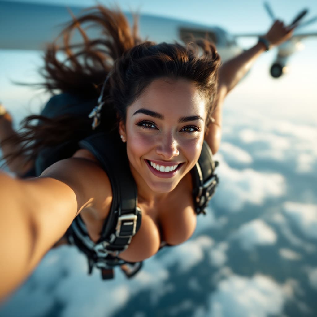 AI generated: 
Go back
female parachutist, jumping from plane, smile, selfie, motion, full body visible, detailed ...