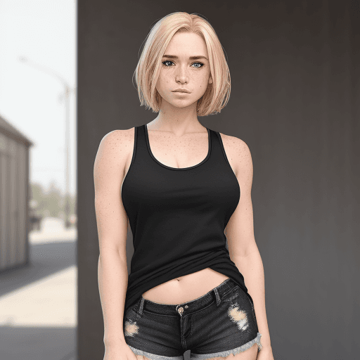 AI generated: blonde hair , black tank top, lifting shirt up,  shorts, standing in public, (highly detailed clothe...