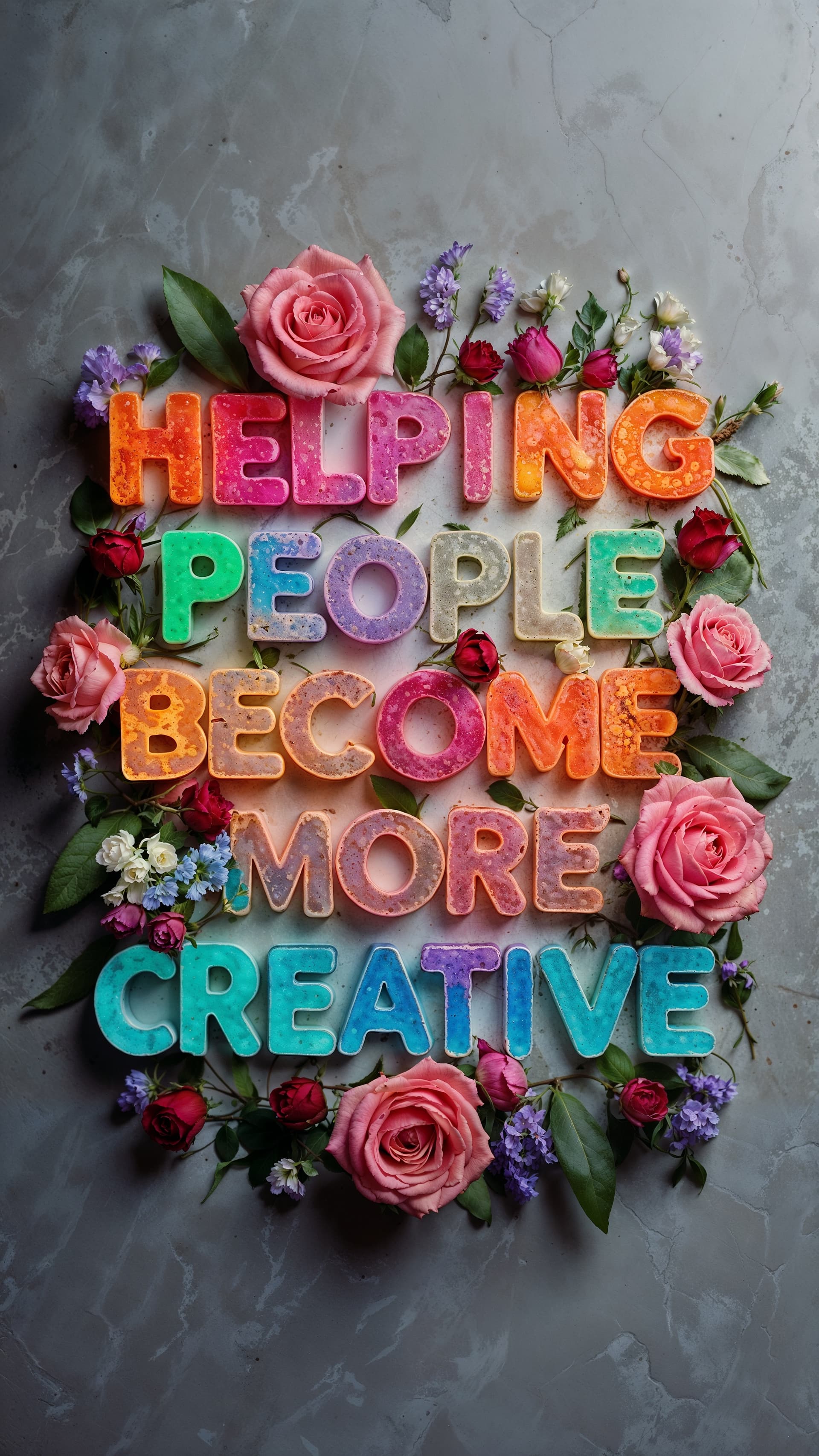 AI generated: A slogan 'Helping people become more creative' written in capital letters, made up of individual sto...