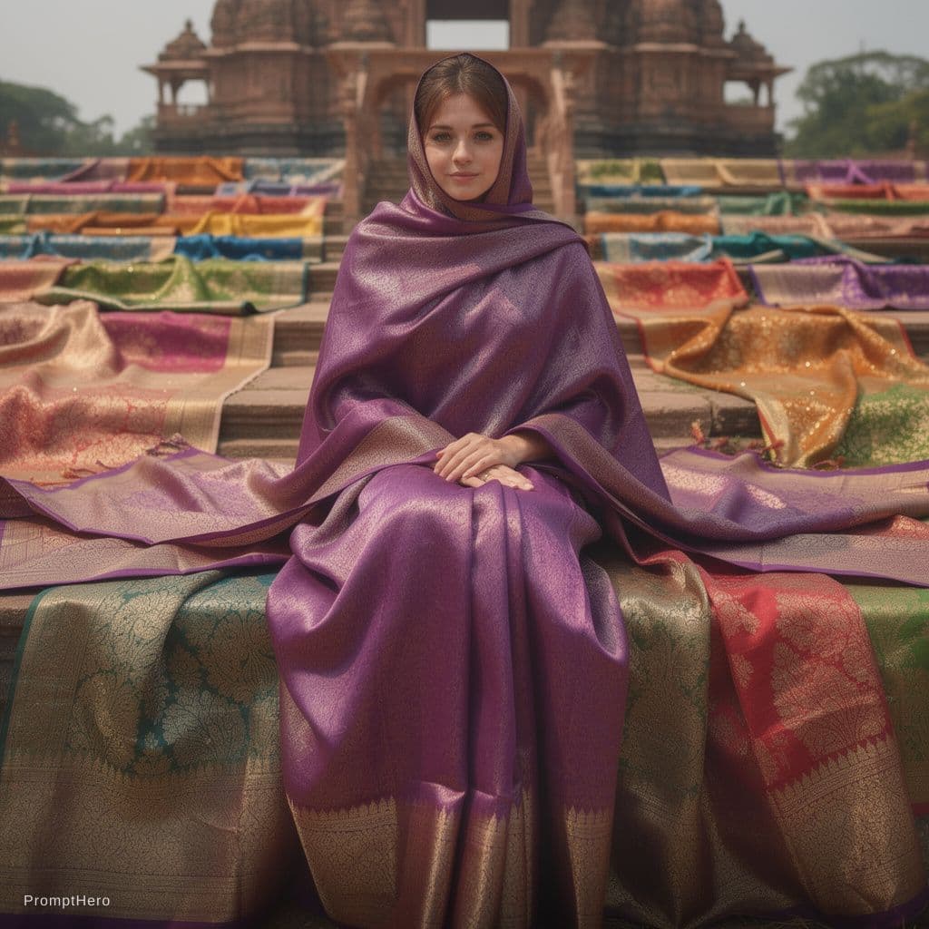 AI generated: Reimagine the subject within a continuous landscape of flowing Kanjeevaram silk, where clothing and ...