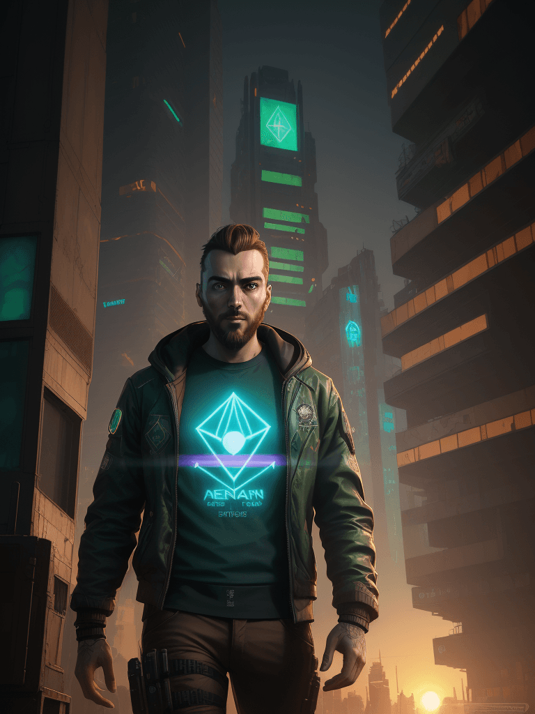 AI generated: an argentian 34 year old man with a short beard, green and brown eyes, futuristic background at suns...
