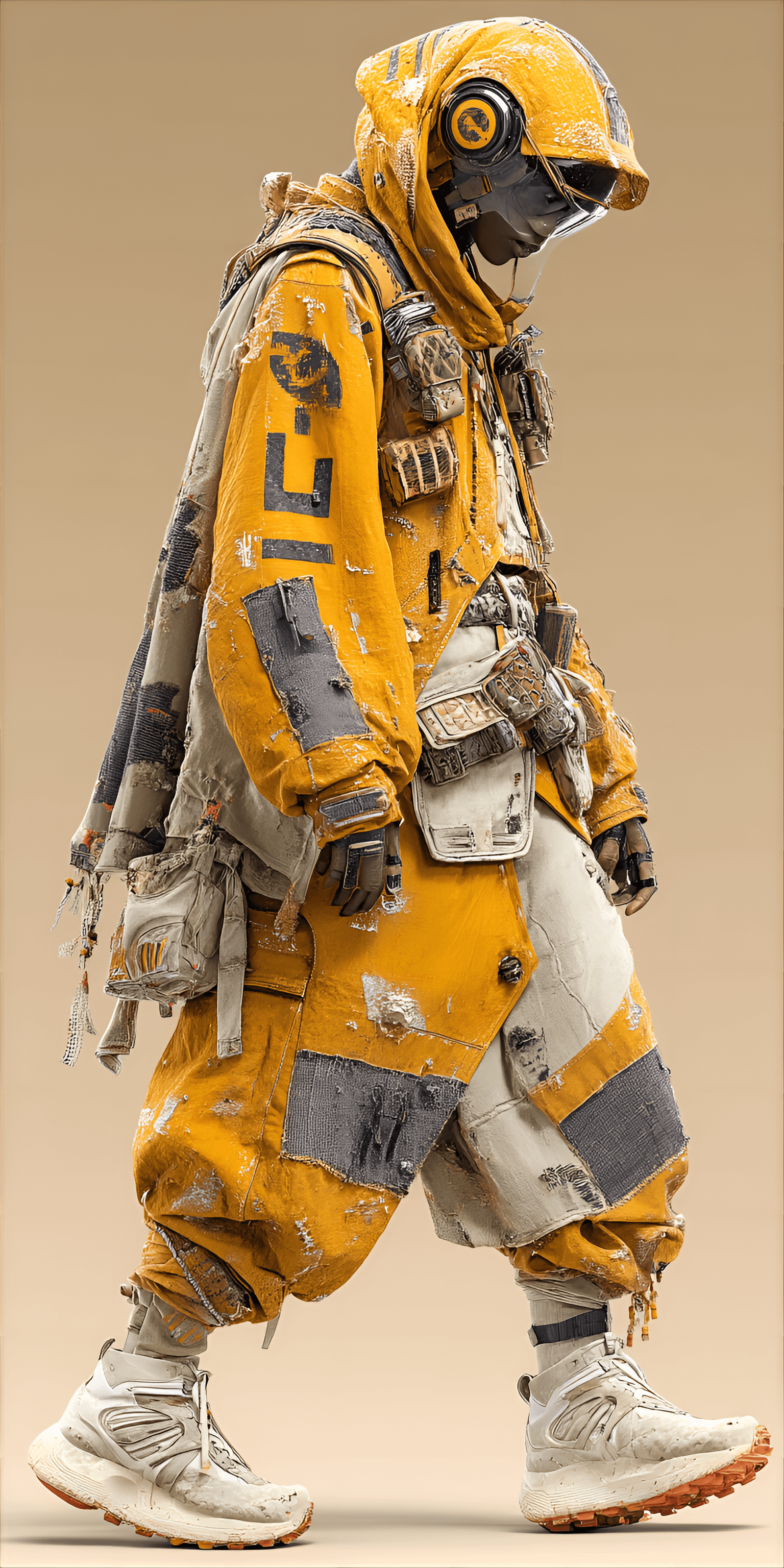AI generated: Dark-skinned male figure, mid-20s,  wearing a stylized,  yellow, leather-like,  multi-layered  outfi...