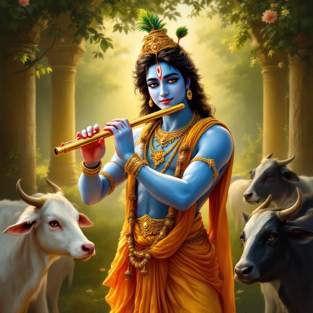 AI generated: A beautiful, traditional Indian painting of Lord Krishna with a calm and gentle expression, playing ...