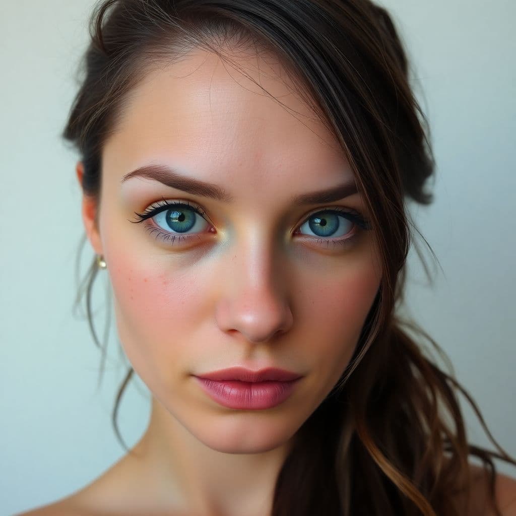 AI generated: Close-up portrait of a woman with green eyes, light freckles, and dark hair styled in loose tendrils...