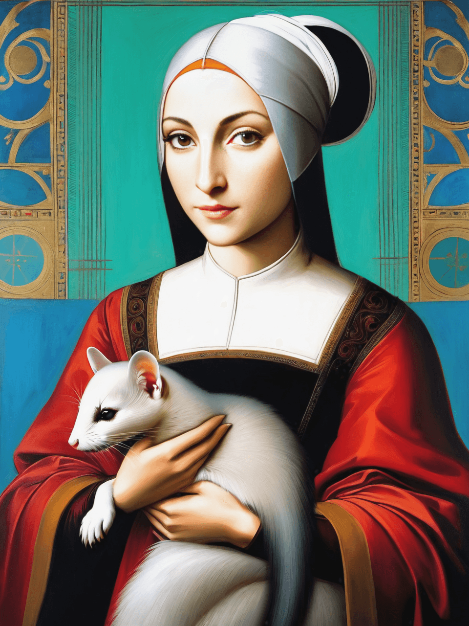 AI generated: a painting of a woman holding a cat,xqc,weasel - ferret - stoat,leonardo,inspired by Johannes Martin...