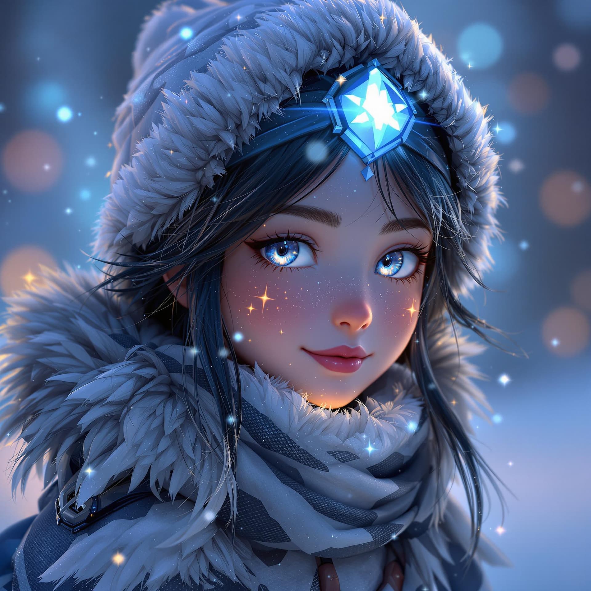 AI generated: super cute Bioluminescent snow nomad character concept, soft light, soft mood, realistic body featur...