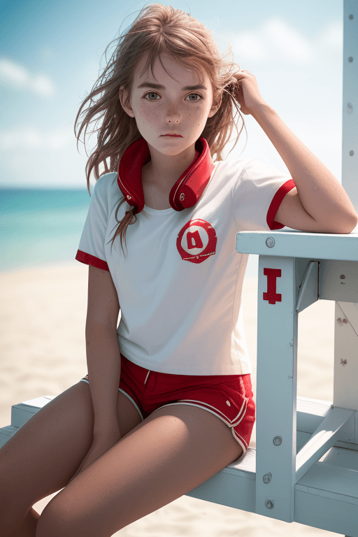 AI generated: 1girl, a girl as a lifeguard, sitting in the sun on a white lifeguard tower, plain white shirt, red ...