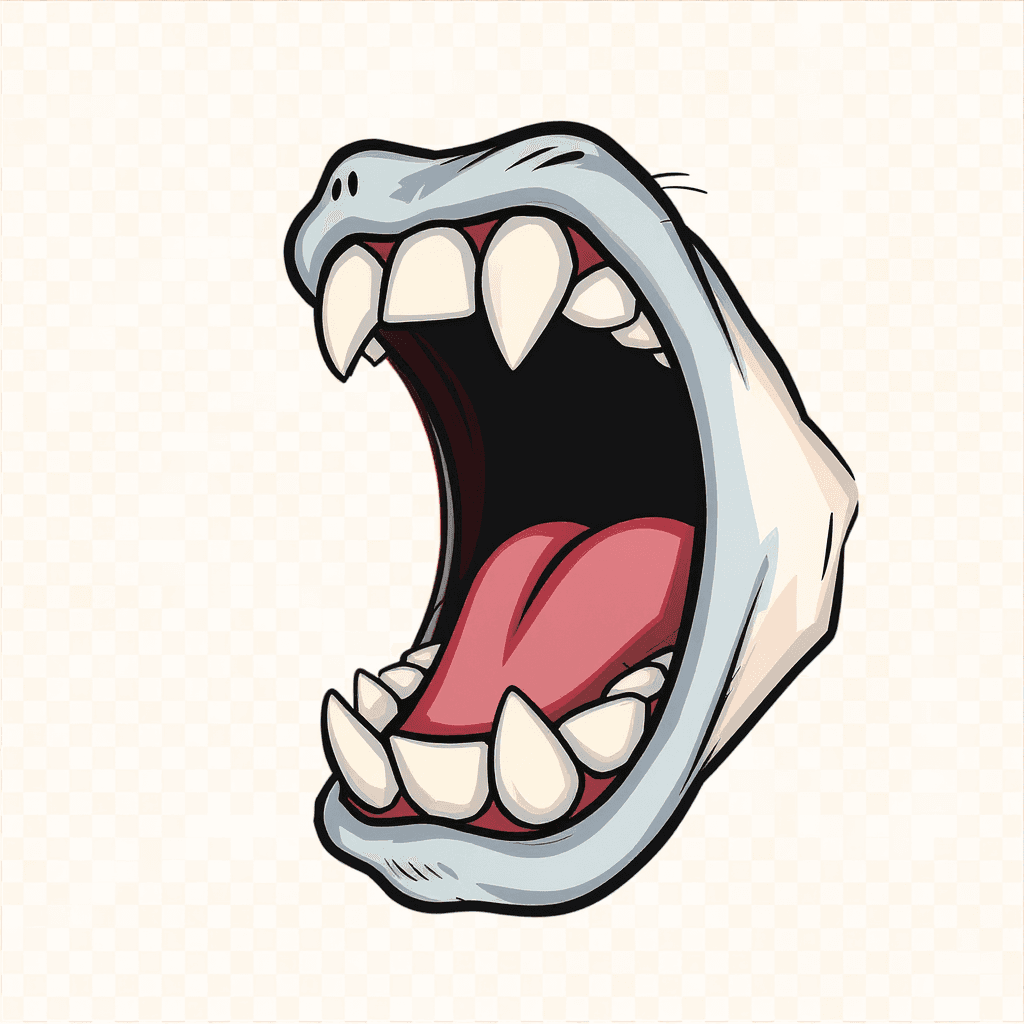 AI generated: A bold, simplified cartoon mouth viewed from the side, wide open as if shouting or about to eat some...