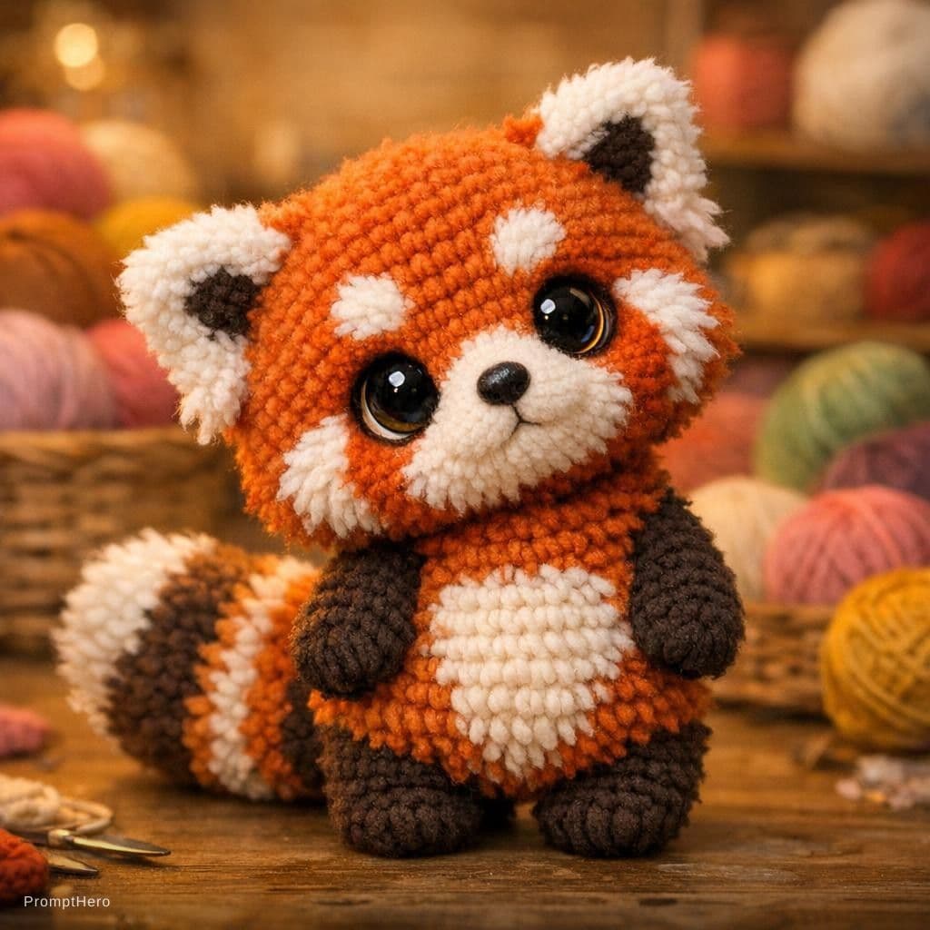 AI generated: cute handmade crochet red panda plush toy, amigurumi style, soft yarn texture, big glossy glass eyes...