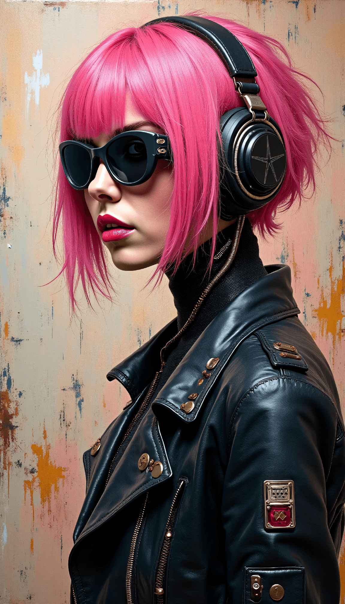 AI generated: Create an abstract painting where the cybernetic figure emerges from and decays into pure urban filt...