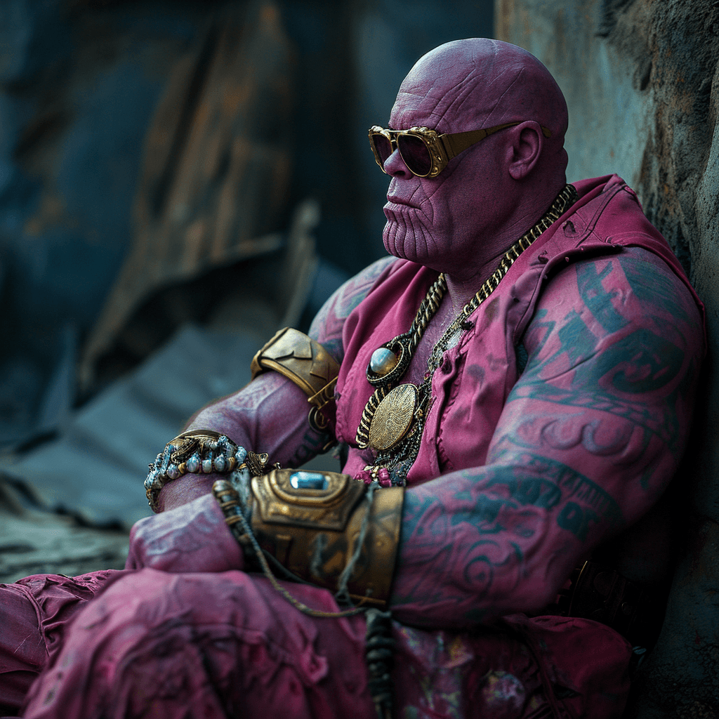 AI generated: Thanos on Titan, movie scene from Avengers Infinity war, wearing Chanel sunglasses and a pink Muscle...