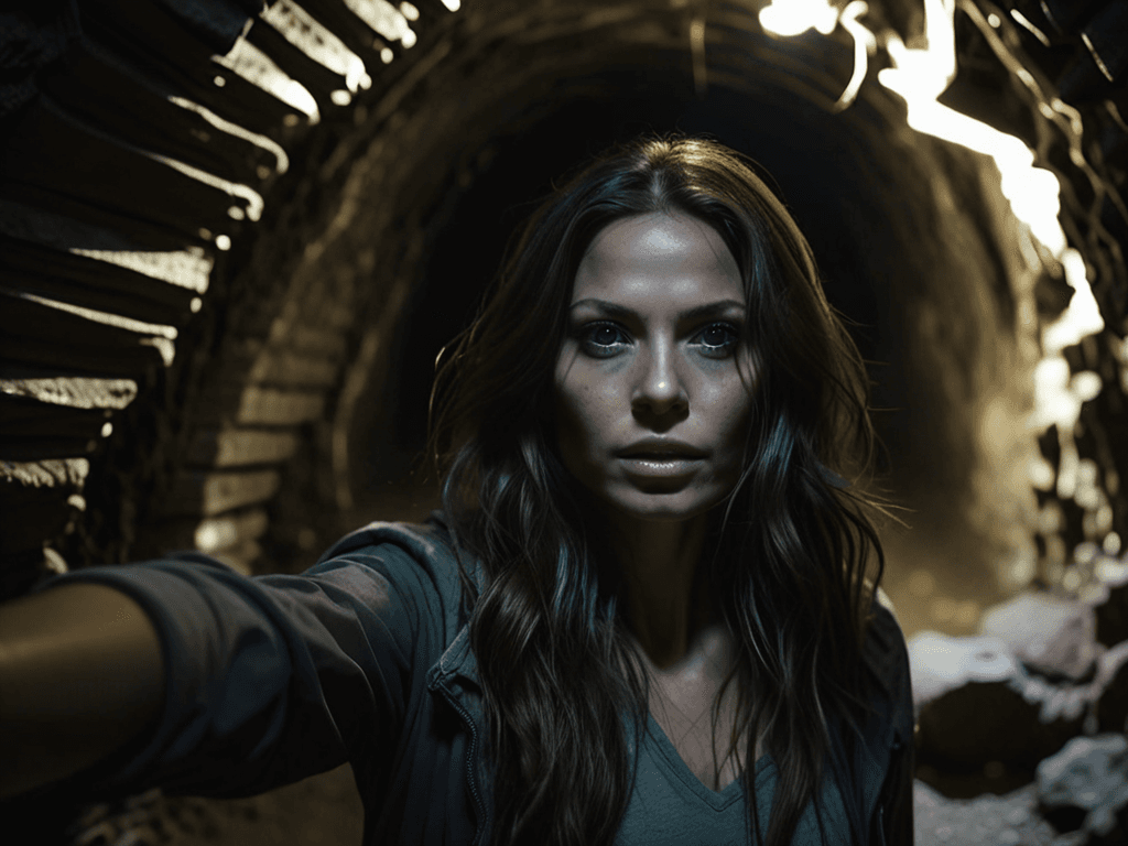 AI generated: Medium close-up, selfie of, a woman with long brunette hair, walking in a ((dark:1.3) creepy undergr...