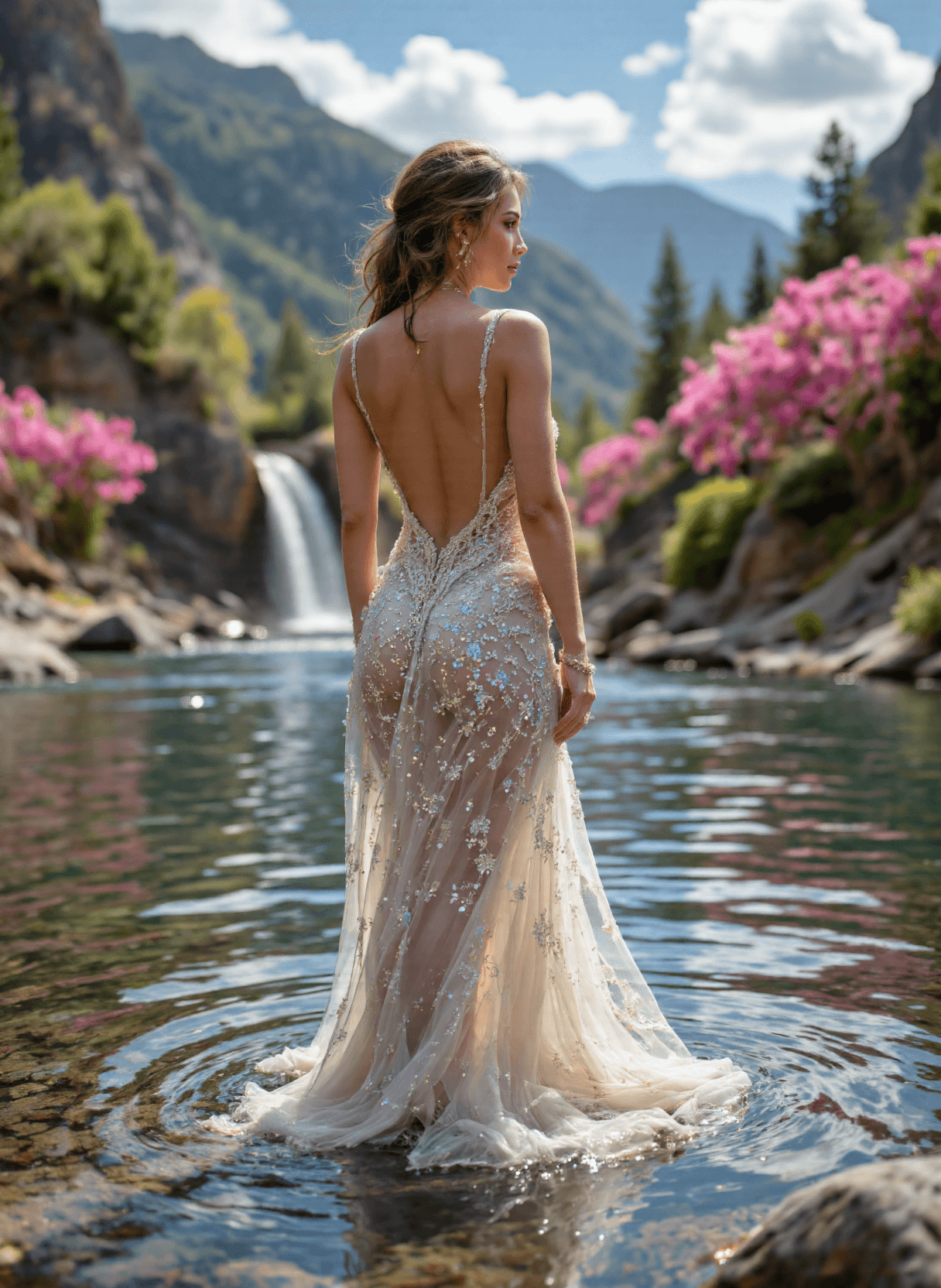 AI generated: The image depicts a beautiful, shapely woman standing in shallow water at the edge of a serene lake ...