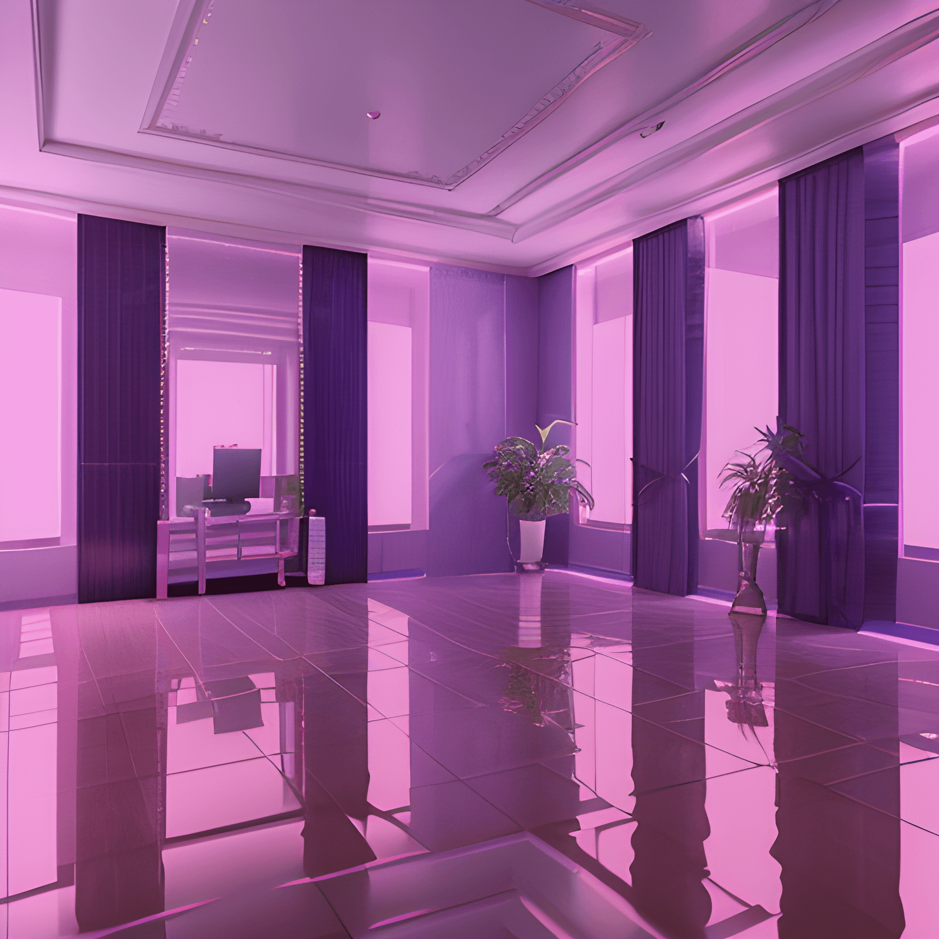 AI generated: 3d render of a vaporwave room,lots of detailed reflections,ray traced reflections,colorful lights