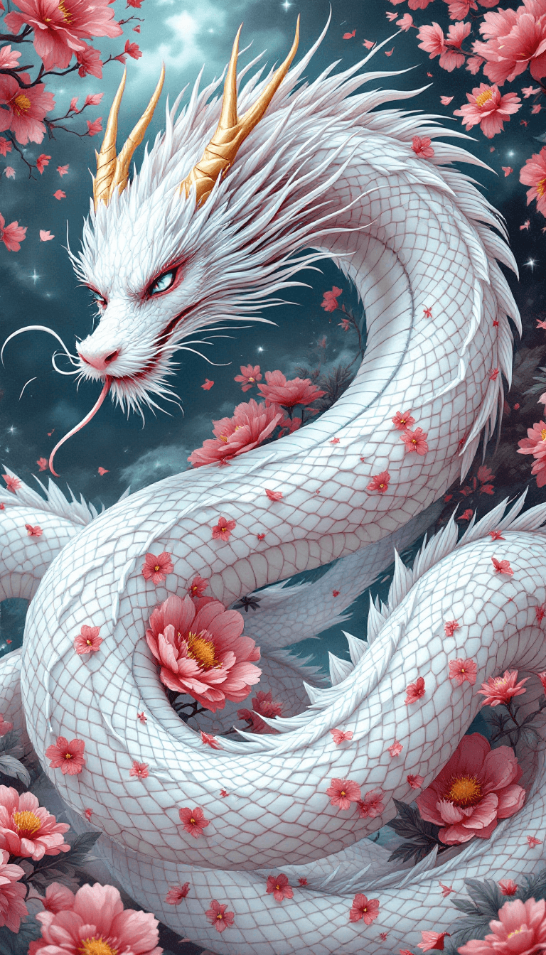 AI generated: Create a single whimsical illustration depicting the beautiful body of a white dragon, similar to a ...