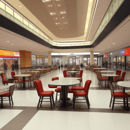 AI generated: Mall food court with space for tables and chairs. make the food court in the last floor 