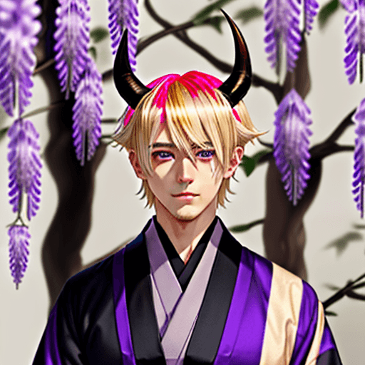AI generated: nougat colored skin, adult 
male, perfect face, wisteria purple eyes, neutral face, manga, horns, bl...