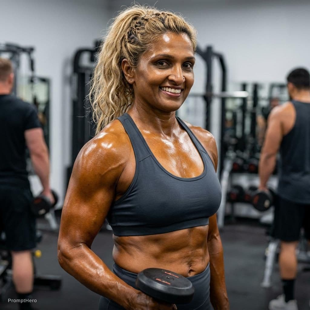 AI generated: Muscle gym fit girl tanned and blonde oily skin 