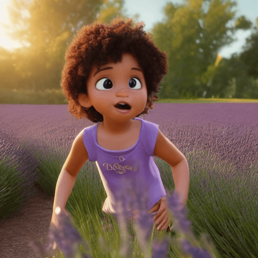 AI generated: A still from a 3d Disney movie of a very cute little mixed girl with short brown curly hair at a lav...